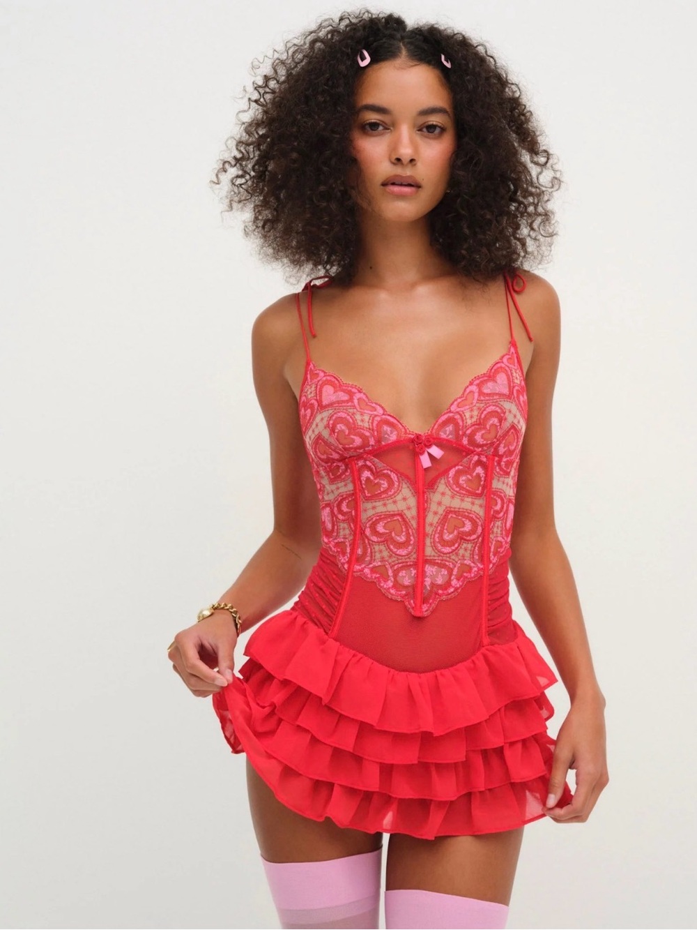 For love and lemons Women's Red Lace & Ruffle Chemise Sleepwear